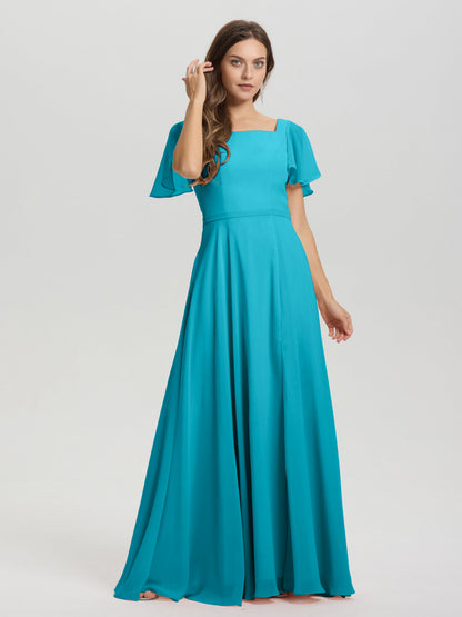 A-Line Square Neck Short Ruffle Sleeves Floor Length Chiffon Bridesmaid Dress