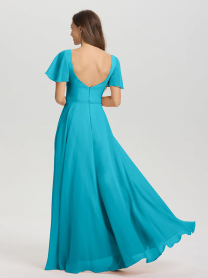 A-Line Square Neck Short Ruffle Sleeves Floor Length Chiffon Bridesmaid Dress