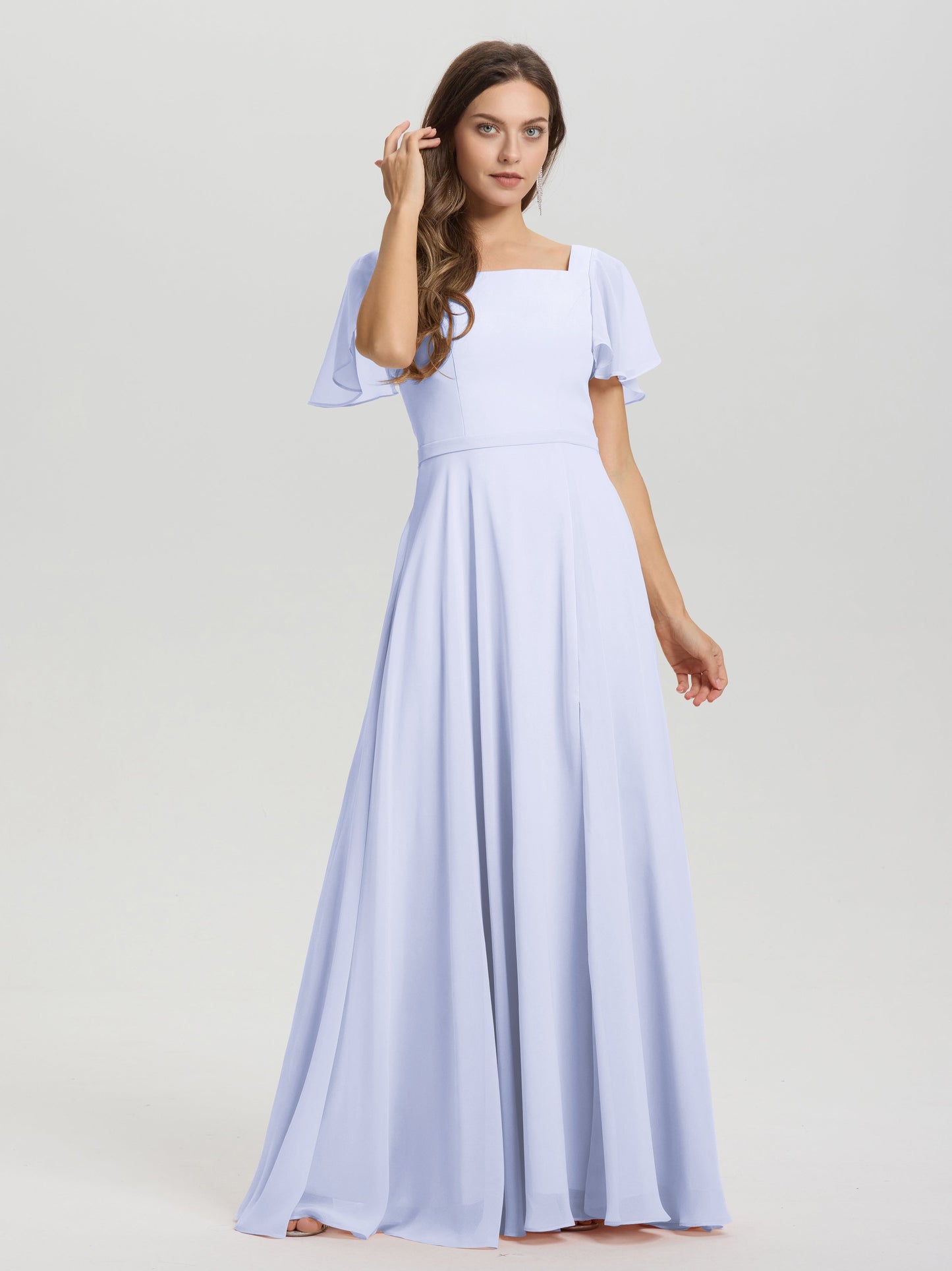 A-Line Square Neck Short Ruffle Sleeves Floor Length Chiffon Bridesmaid Dress