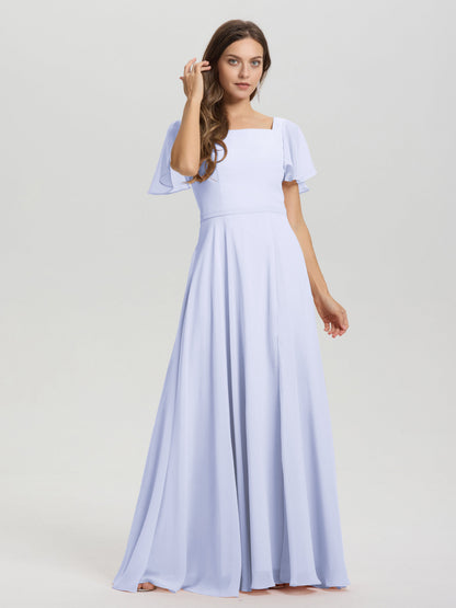A-Line Square Neck Short Ruffle Sleeves Floor Length Chiffon Bridesmaid Dress