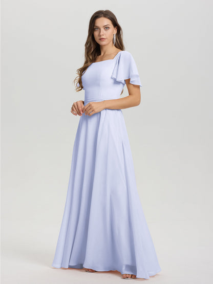 A-Line Square Neck Short Ruffle Sleeves Floor Length Chiffon Bridesmaid Dress