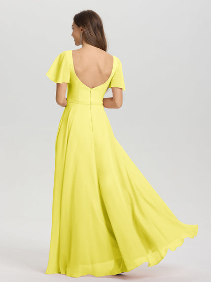 A-Line Square Neck Short Ruffle Sleeves Floor Length Chiffon Bridesmaid Dress