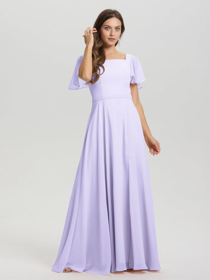 A-Line Square Neck Short Ruffle Sleeves Floor Length Chiffon Bridesmaid Dress