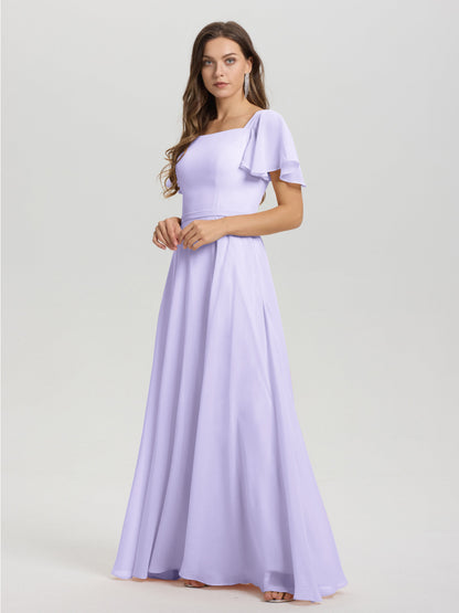 A-Line Square Neck Short Ruffle Sleeves Floor Length Chiffon Bridesmaid Dress