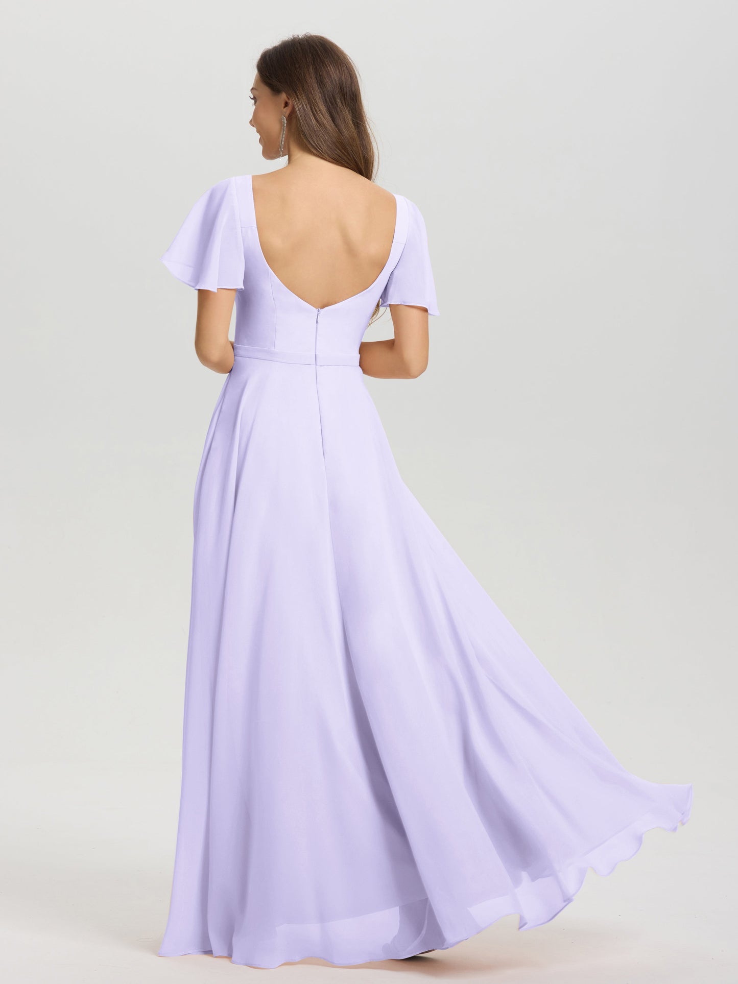 A-Line Square Neck Short Ruffle Sleeves Floor Length Chiffon Bridesmaid Dress