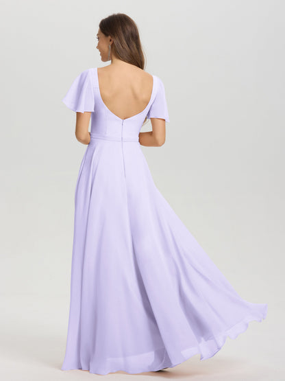 A-Line Square Neck Short Ruffle Sleeves Floor Length Chiffon Bridesmaid Dress
