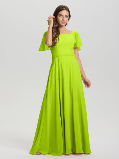 A-Line Square Neck Short Ruffle Sleeves Floor Length Chiffon Bridesmaid Dress