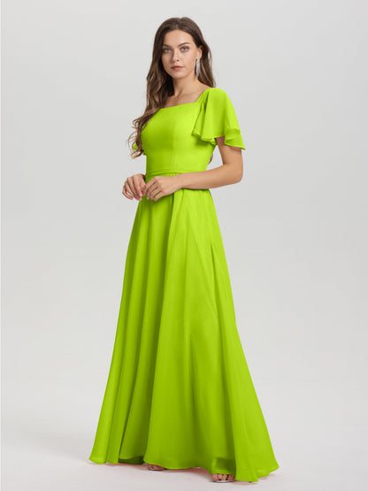 A-Line Square Neck Short Ruffle Sleeves Floor Length Chiffon Bridesmaid Dress