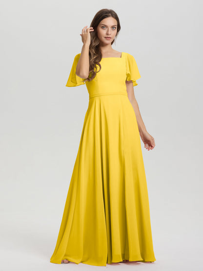 A-Line Square Neck Short Ruffle Sleeves Floor Length Chiffon Bridesmaid Dress