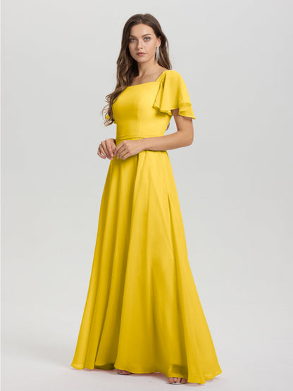 A-Line Square Neck Short Ruffle Sleeves Floor Length Chiffon Bridesmaid Dress