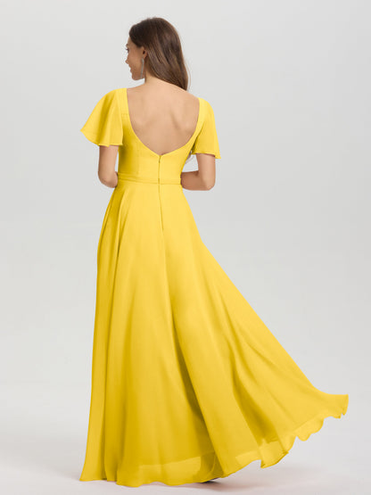A-Line Square Neck Short Ruffle Sleeves Floor Length Chiffon Bridesmaid Dress