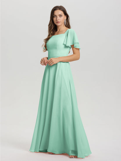 A-Line Square Neck Short Ruffle Sleeves Floor Length Chiffon Bridesmaid Dress