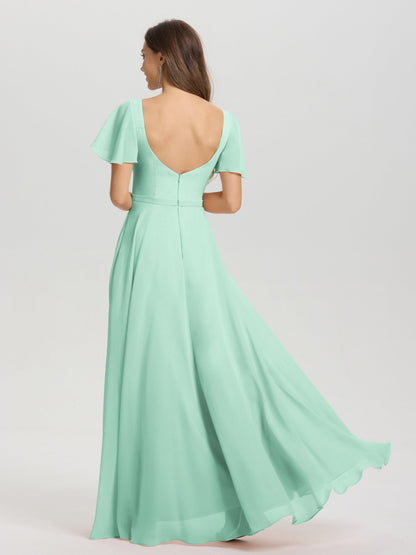 A-Line Square Neck Short Ruffle Sleeves Floor Length Chiffon Bridesmaid Dress