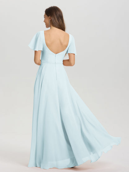 A-Line Square Neck Short Ruffle Sleeves Floor Length Chiffon Bridesmaid Dress