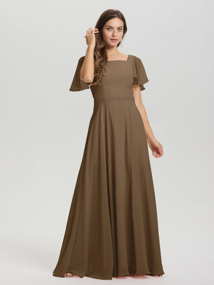 A-Line Square Neck Short Ruffle Sleeves Floor Length Chiffon Bridesmaid Dress