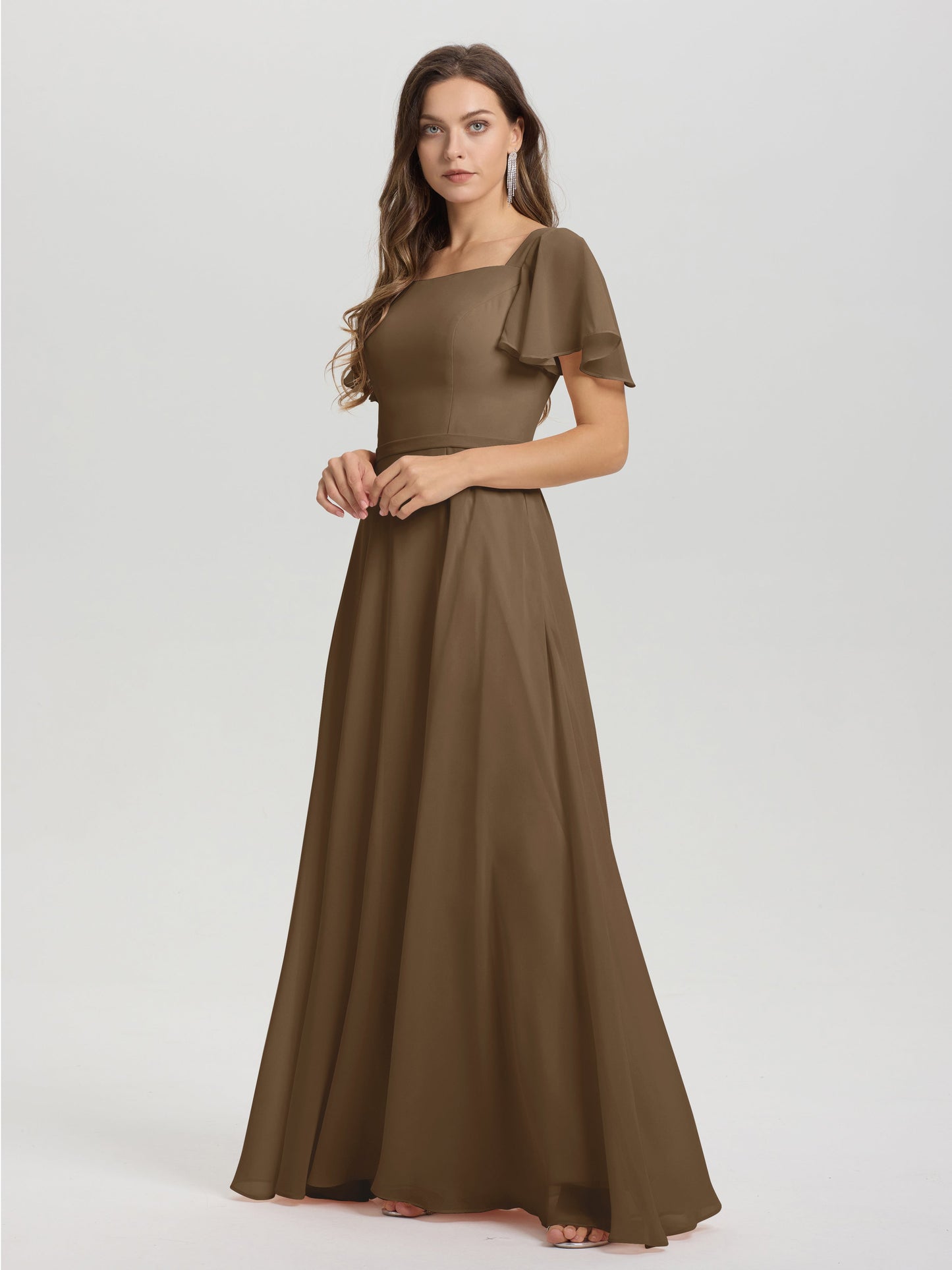 A-Line Square Neck Short Ruffle Sleeves Floor Length Chiffon Bridesmaid Dress