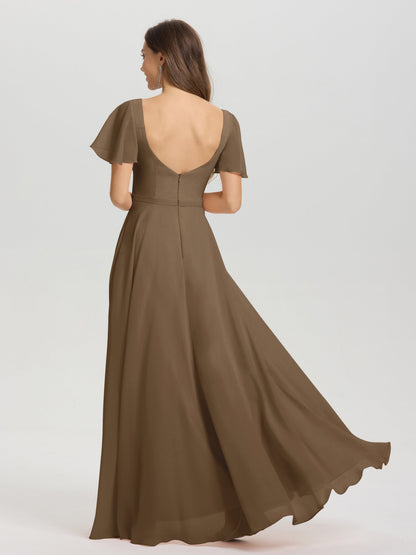A-Line Square Neck Short Ruffle Sleeves Floor Length Chiffon Bridesmaid Dress