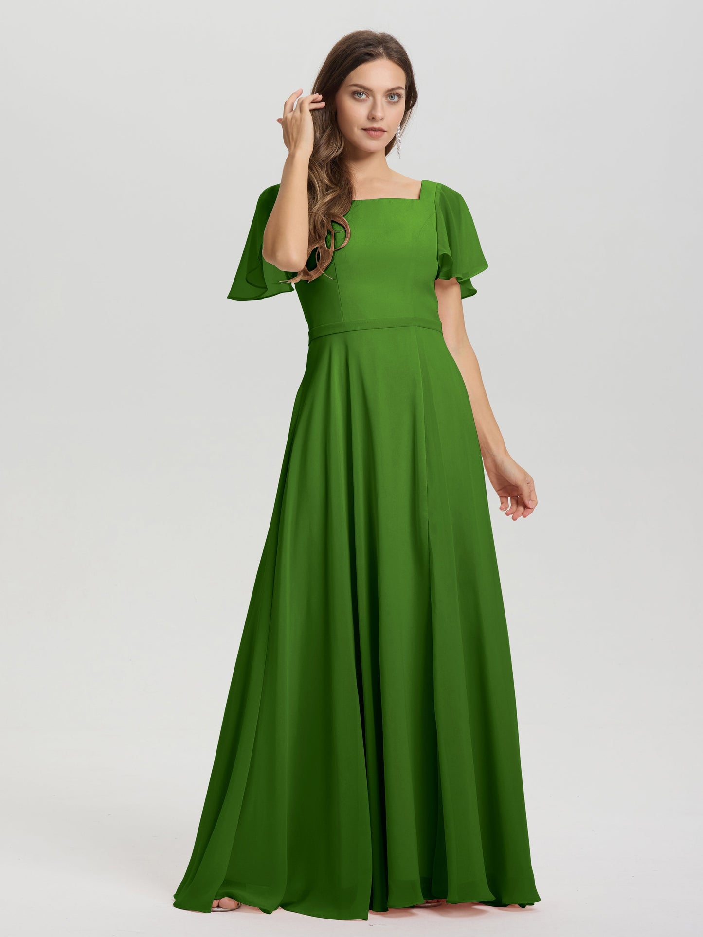 A-Line Square Neck Short Ruffle Sleeves Floor Length Chiffon Bridesmaid Dress