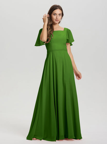 A-Line Square Neck Short Ruffle Sleeves Floor Length Chiffon Bridesmaid Dress