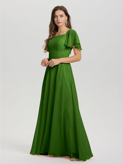 A-Line Square Neck Short Ruffle Sleeves Floor Length Chiffon Bridesmaid Dress