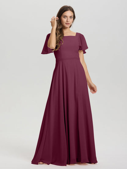 A-Line Square Neck Short Ruffle Sleeves Floor Length Chiffon Bridesmaid Dress