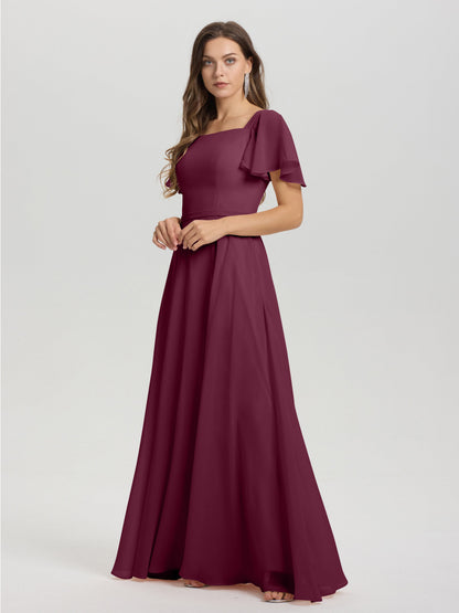 A-Line Square Neck Short Ruffle Sleeves Floor Length Chiffon Bridesmaid Dress