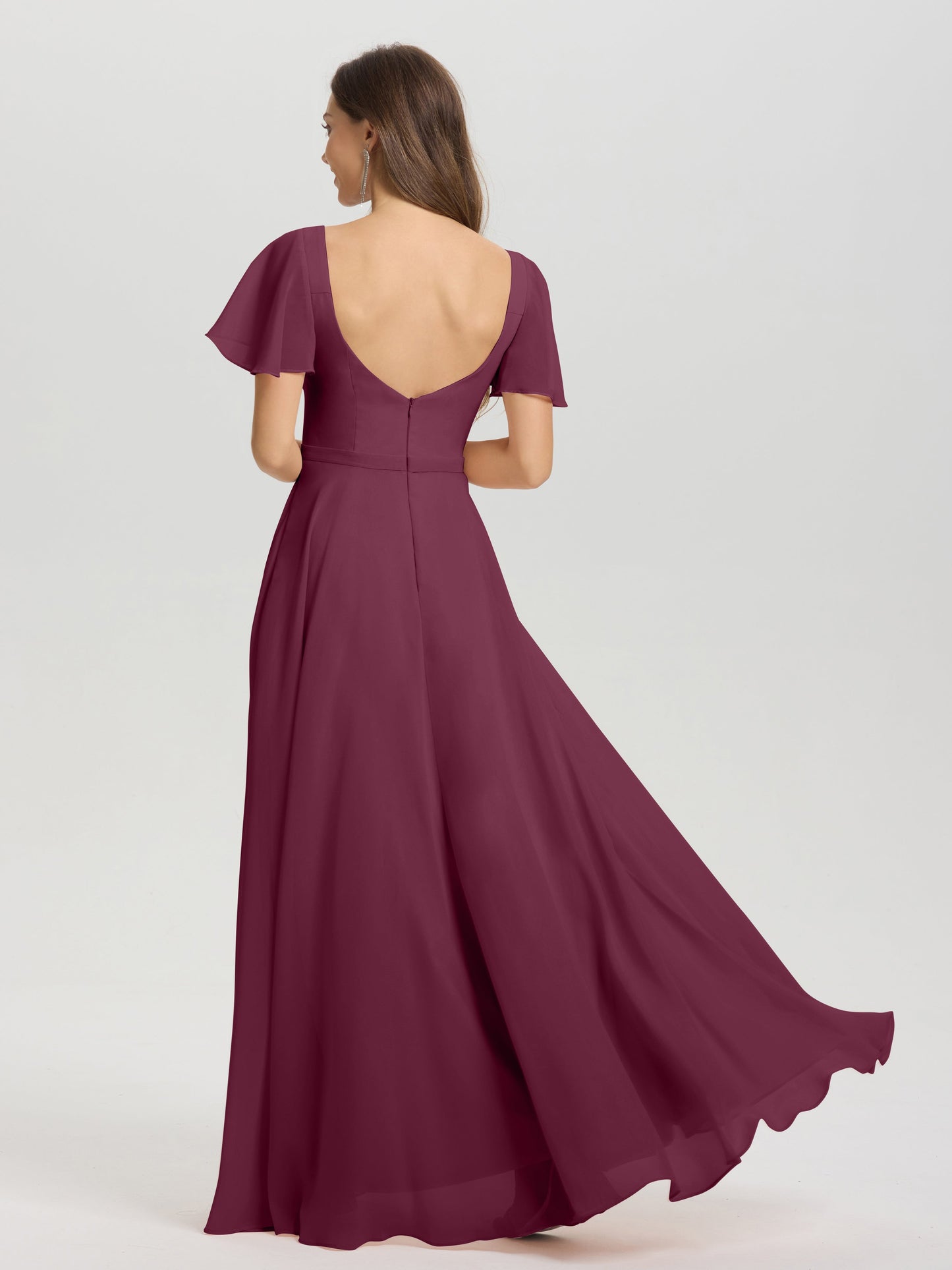 A-Line Square Neck Short Ruffle Sleeves Floor Length Chiffon Bridesmaid Dress