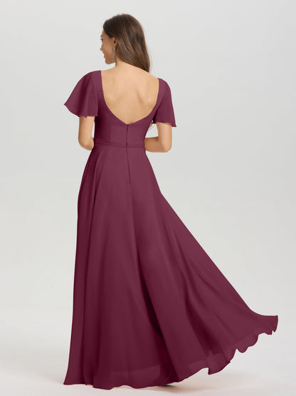 A-Line Square Neck Short Ruffle Sleeves Floor Length Chiffon Bridesmaid Dress