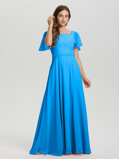A-Line Square Neck Short Ruffle Sleeves Floor Length Chiffon Bridesmaid Dress