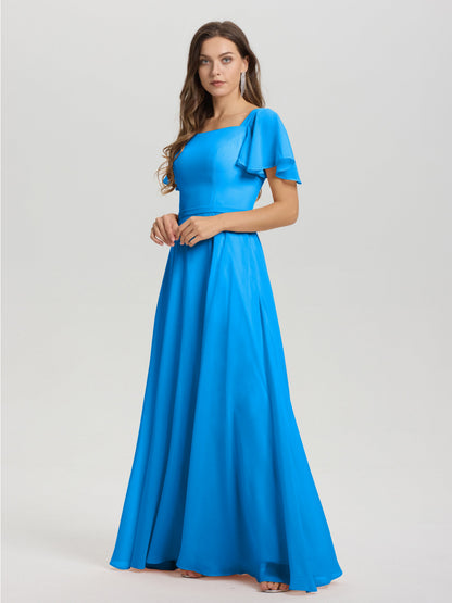 A-Line Square Neck Short Ruffle Sleeves Floor Length Chiffon Bridesmaid Dress