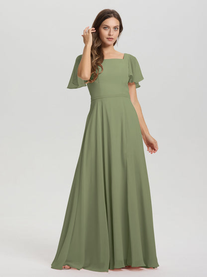 A-Line Square Neck Short Ruffle Sleeves Floor Length Chiffon Bridesmaid Dress