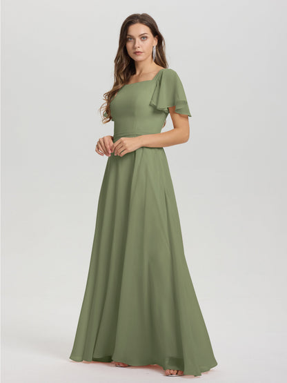 A-Line Square Neck Short Ruffle Sleeves Floor Length Chiffon Bridesmaid Dress
