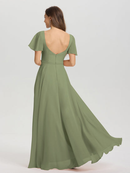 A-Line Square Neck Short Ruffle Sleeves Floor Length Chiffon Bridesmaid Dress