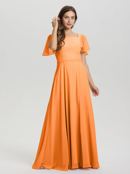 A-Line Square Neck Short Ruffle Sleeves Floor Length Chiffon Bridesmaid Dress