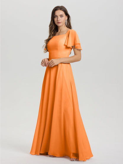 A-Line Square Neck Short Ruffle Sleeves Floor Length Chiffon Bridesmaid Dress