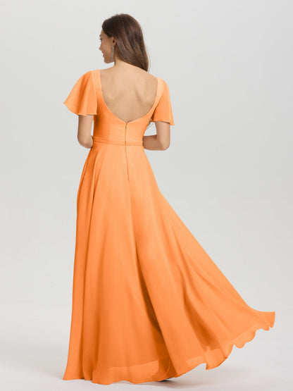 A-Line Square Neck Short Ruffle Sleeves Floor Length Chiffon Bridesmaid Dress
