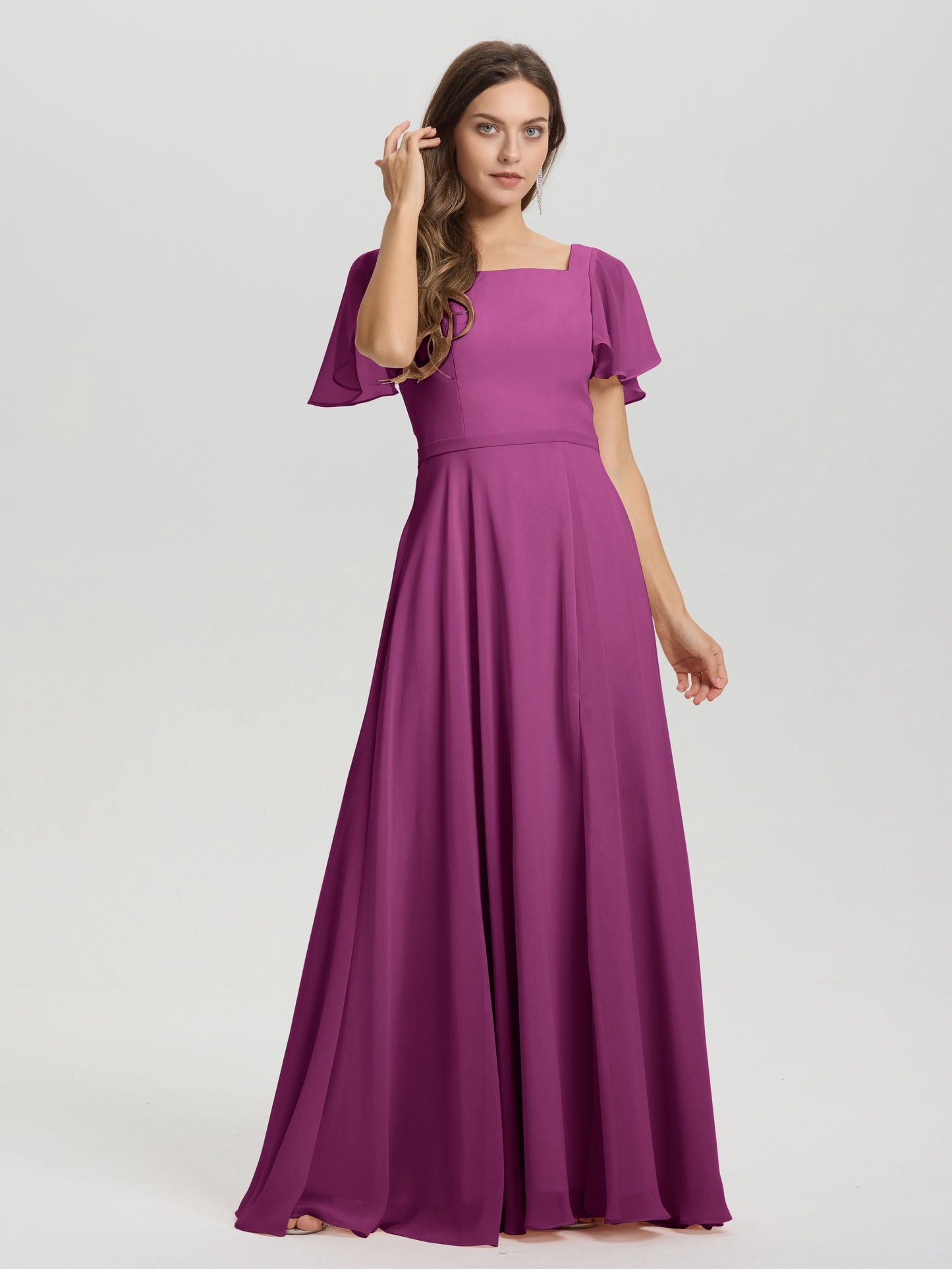 A-Line Square Neck Short Ruffle Sleeves Floor Length Chiffon Bridesmaid Dress