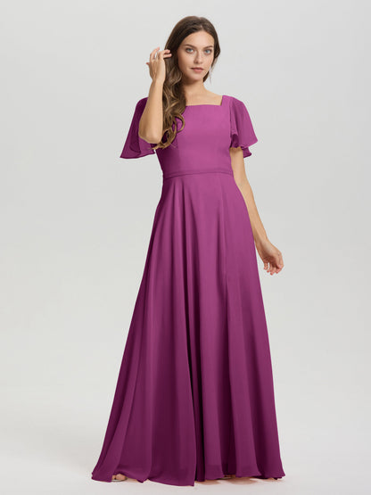 A-Line Square Neck Short Ruffle Sleeves Floor Length Chiffon Bridesmaid Dress