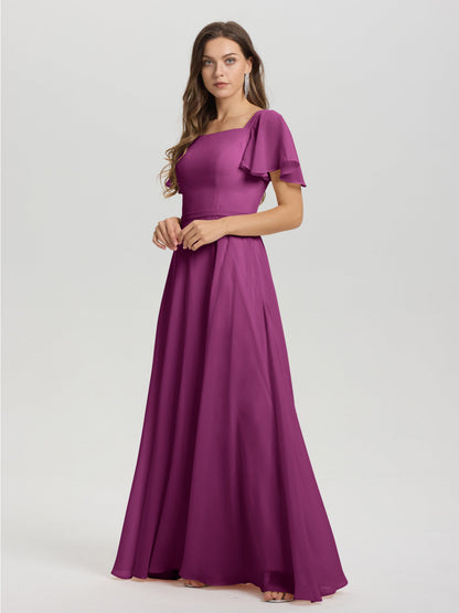A-Line Square Neck Short Ruffle Sleeves Floor Length Chiffon Bridesmaid Dress