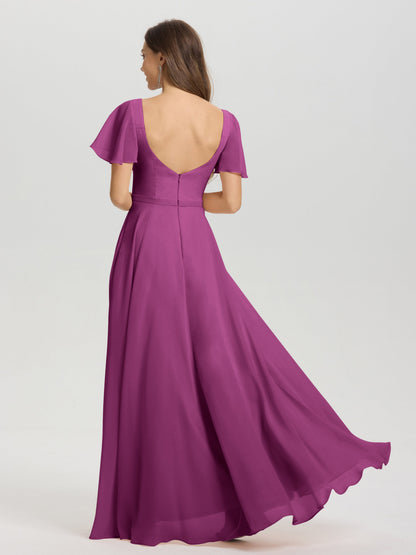 A-Line Square Neck Short Ruffle Sleeves Floor Length Chiffon Bridesmaid Dress