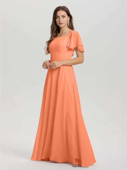 A-Line Square Neck Short Ruffle Sleeves Floor Length Chiffon Bridesmaid Dress