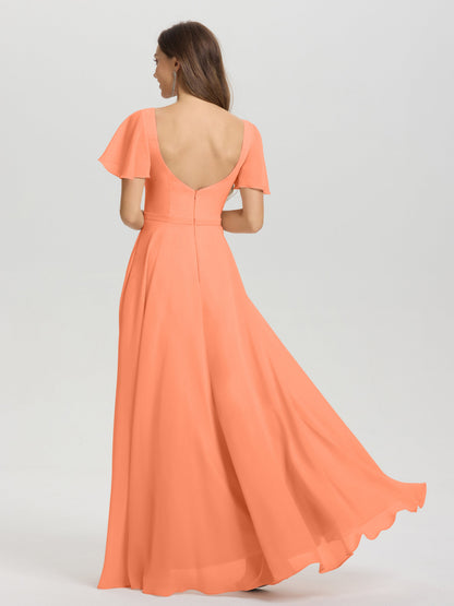 A-Line Square Neck Short Ruffle Sleeves Floor Length Chiffon Bridesmaid Dress