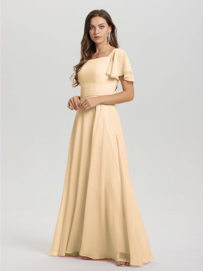 A-Line Square Neck Short Ruffle Sleeves Floor Length Chiffon Bridesmaid Dress