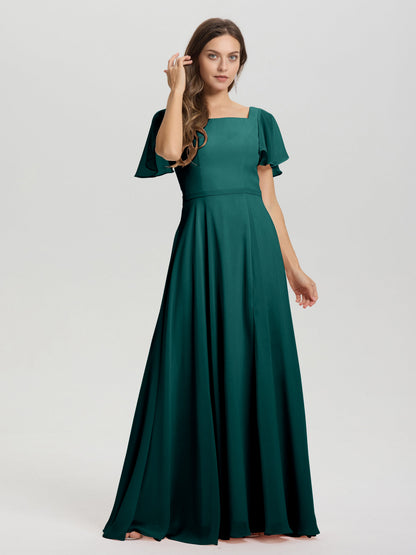 A-Line Square Neck Short Ruffle Sleeves Floor Length Chiffon Bridesmaid Dress