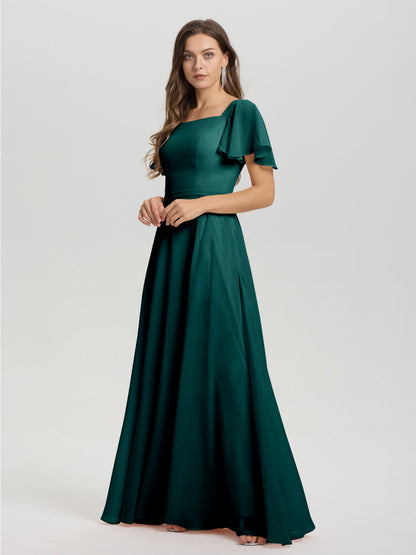 A-Line Square Neck Short Ruffle Sleeves Floor Length Chiffon Bridesmaid Dress