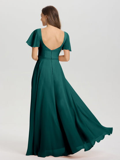 A-Line Square Neck Short Ruffle Sleeves Floor Length Chiffon Bridesmaid Dress