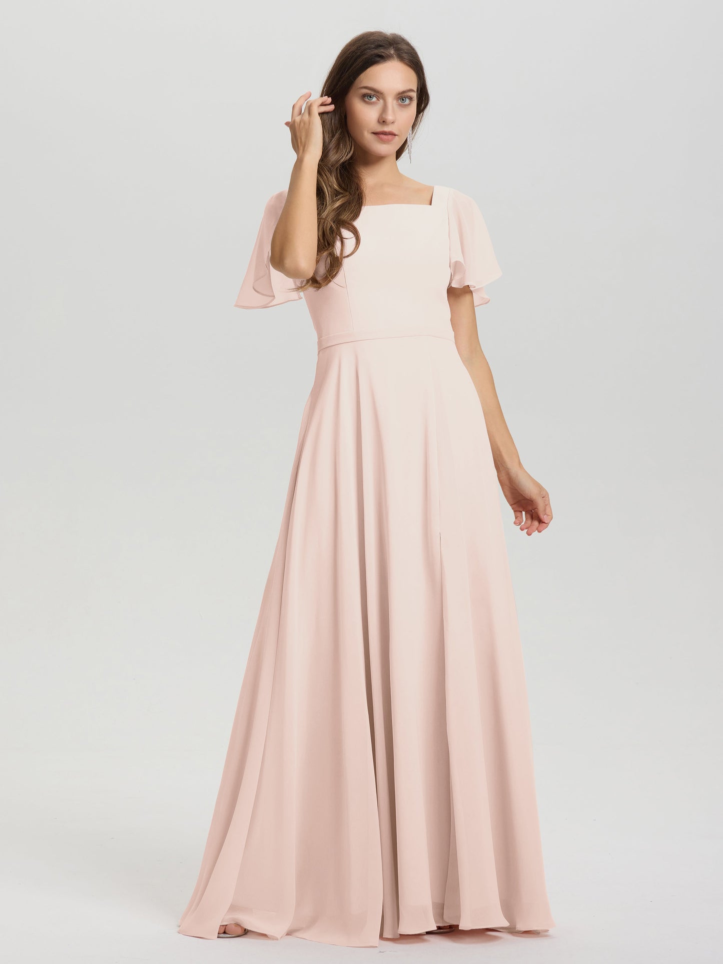 A-Line Square Neck Short Ruffle Sleeves Floor Length Chiffon Bridesmaid Dress