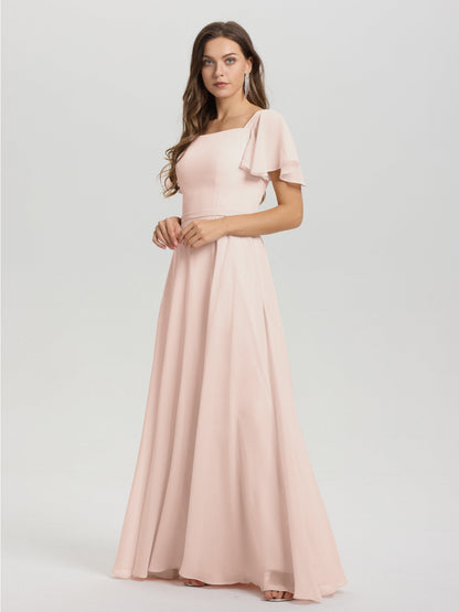 A-Line Square Neck Short Ruffle Sleeves Floor Length Chiffon Bridesmaid Dress