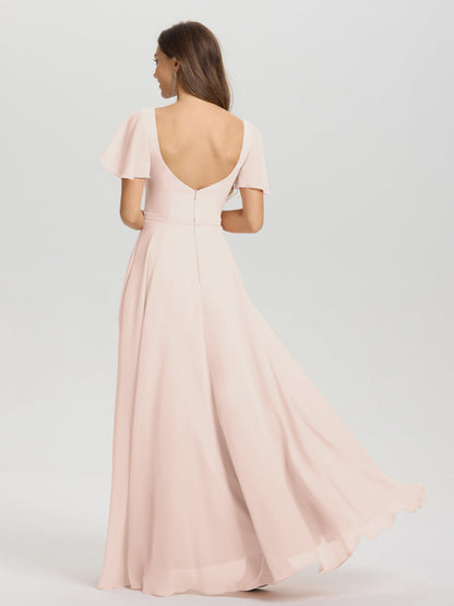 A-Line Square Neck Short Ruffle Sleeves Floor Length Chiffon Bridesmaid Dress