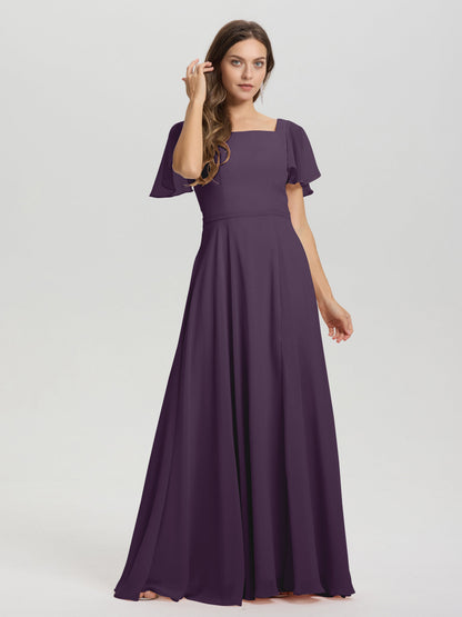 A-Line Square Neck Short Ruffle Sleeves Floor Length Chiffon Bridesmaid Dress